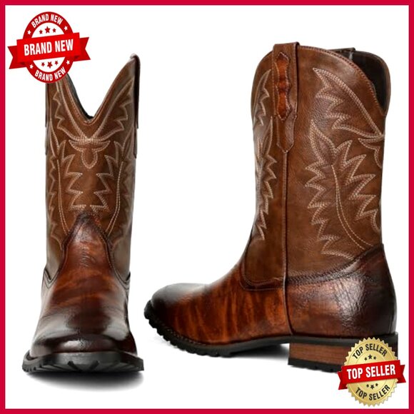 Men's Western Cowboy Boots Pull On Square Toe Chunky Heel Work Casual - Picture 3 of 6